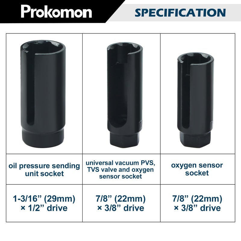 Prokomon 10pcs Oxygen Sensor Socket Set, O2 Sensor Removal Kit, Oil Pressure Sensor Socket Wrench Set 1/2" 3/8" Drives, Oxygen Thermal Oil Pressure Sensor Removers - Image 2